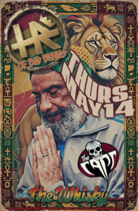 Colorful poster collage promoting a show: a bearded man in prayer, a lion portrait, bold stylized text, and a skull logo on a patterned border.